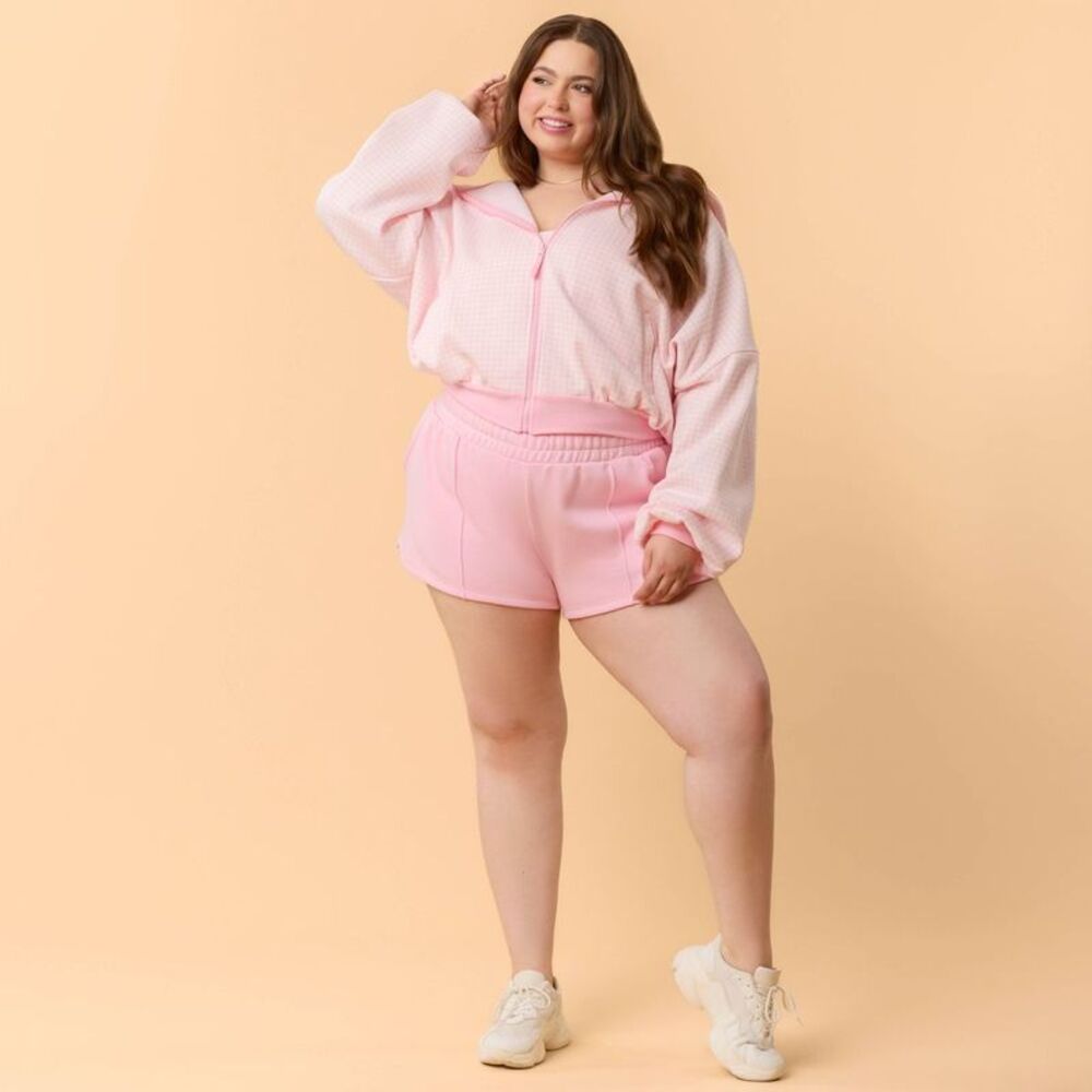 Blogilates Women's Marshmallow Full Zip Hooded Sweatshirt - Pink Gingham 3X - Picture 3 of 5